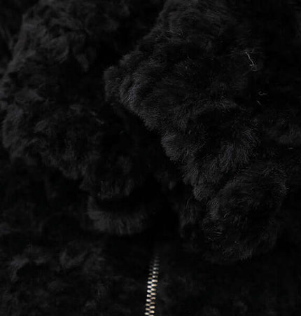 Close-up of the soft black fabric of Hooded Lamb Wool Cotton Winter Coat showcasing its fuzzy texture.