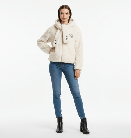 Hooded Lamb Wool Cotton Winter Coat worn by a model, showcasing its cozy design and soft texture.