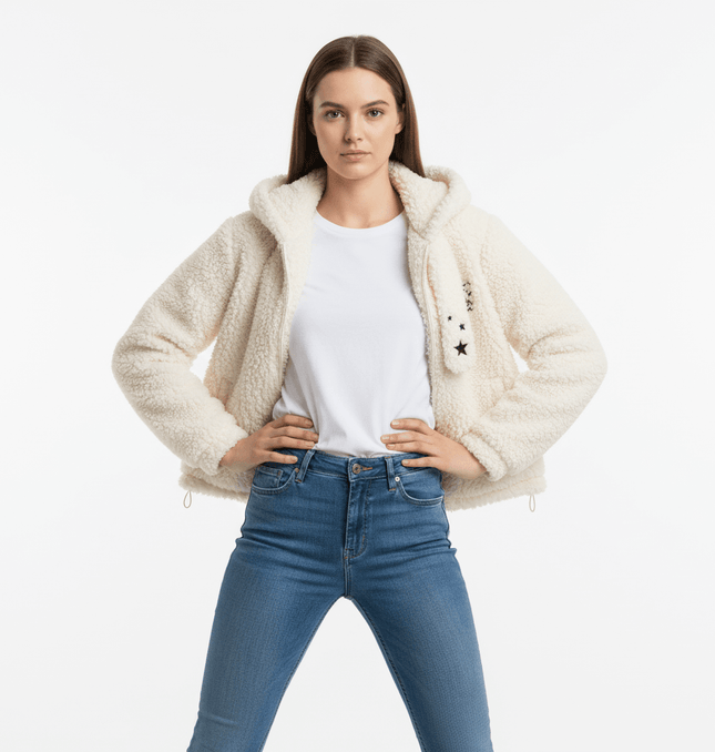 Hooded Lamb Wool Cotton Winter Coat model wearing cream hooded coat with stars and blue jeans.