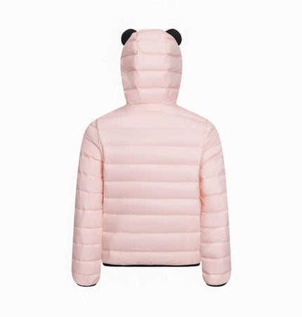 Back view of a stylish Hooded Quilted Down Jacket in soft pink, featuring a playful hood with ears.