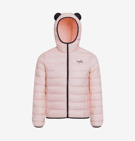 Hooded Quilted Down Jacket in light pink with bear ears, featuring a stylish quilted design and full zipper front.
