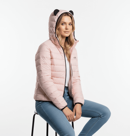 Model wearing a Hooded Quilted Down Jacket with a playful design, perfect for warmth and street style.