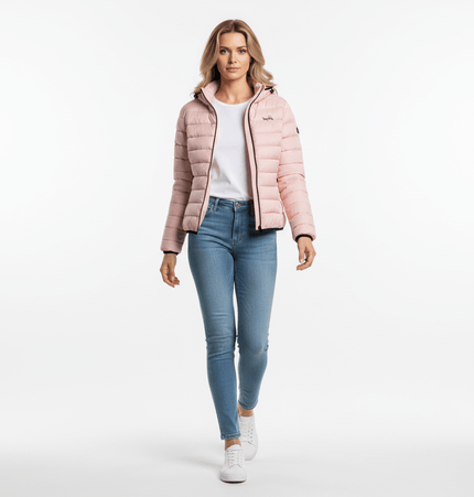 Hooded Quilted Down Jacket modeled by a woman in casual winter attire, showcasing style and warmth.