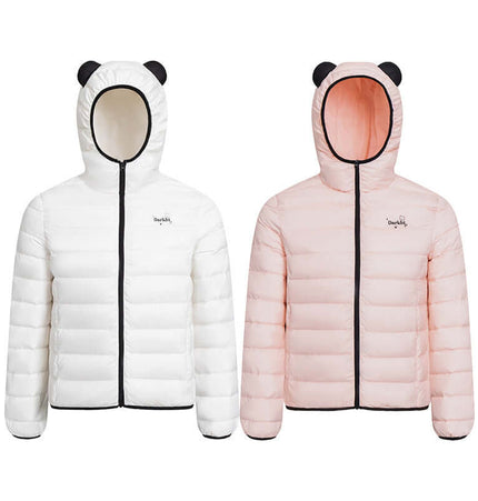 Hooded Quilted Down Jacket in white and pink with panda ears, featuring a full zipper and quilted design for winter style.