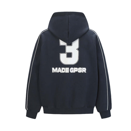 Retro Street Fit Blue and Black Hoodie featuring a bold number 3 and letter print on the back.