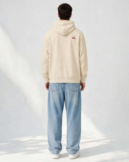 Back view of the beige 340 g/m² mill-dyed brushed fleece hoodie