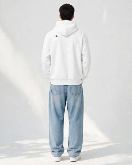 Back view of the white 340 g/m² mill-dyed oversized hoodie