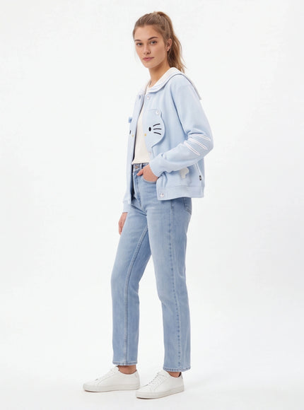 Model wearing White cat navy collar jacket coat by Grozavu