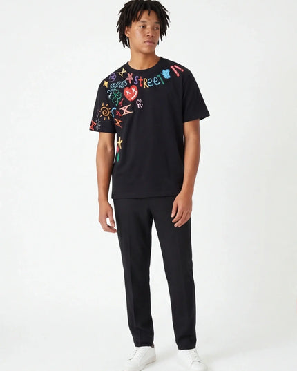 Maison Grozavu Modern Obsidian Tee in black — front view showing the subtle drape of the fabric