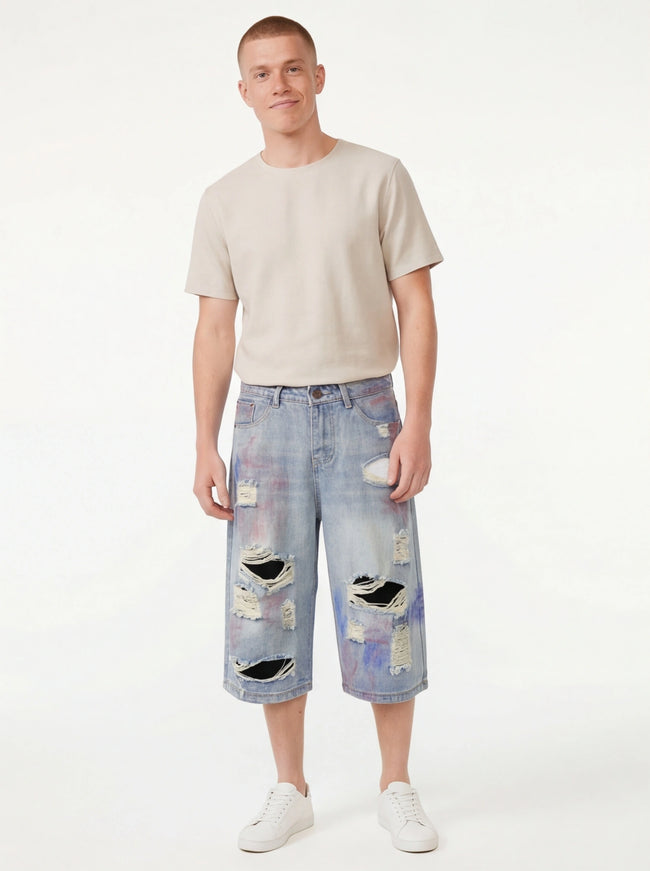 Model wearing Light Blue denim capri pants wide by Grozavu