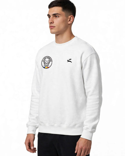 Romania Sweatshirt in white cotton-polyester fleece, worn