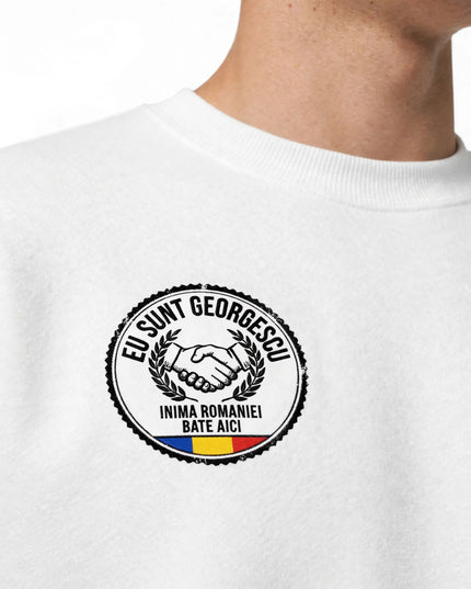 White Romania Sweatshirt by Grozavu, classic fit crewneck
