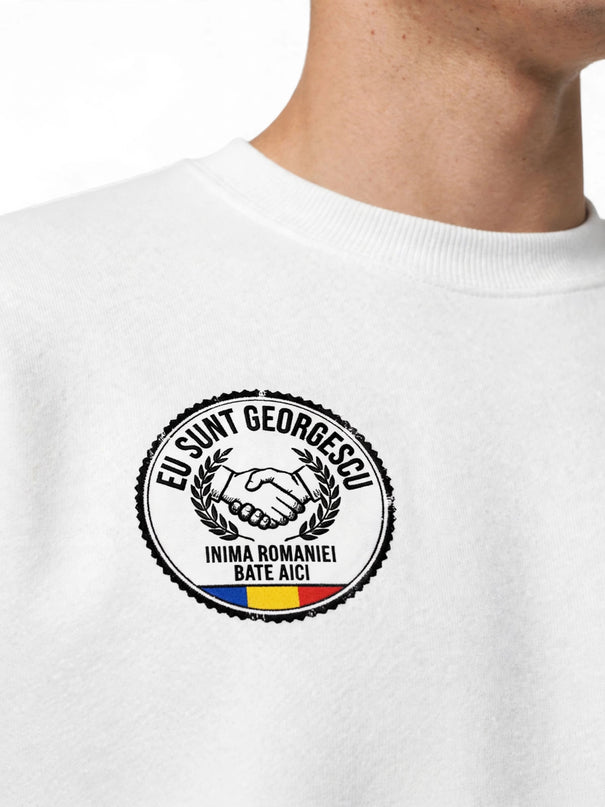 White Romania Sweatshirt by Grozavu, classic fit crewneck