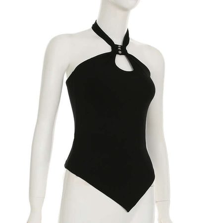 Irregular Strapless Slim Fit Tank Top, black, showcasing a modern design with a unique cut and halter neck.