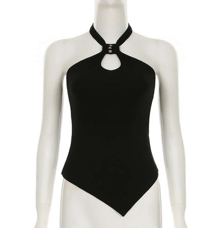 Irregular Strapless Slim Fit Tank Top in sleek black with unique keyhole detailing and an asymmetrical design.