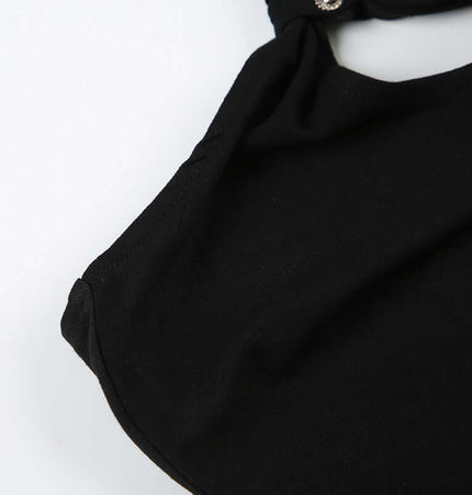 Irregular Strapless Slim Fit Tank Top showcasing a close-up of the black fabric and detailing.
