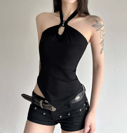 Irregular Strapless Slim Fit Tank Top worn by a model, showcasing a bold black design and unique cut.
