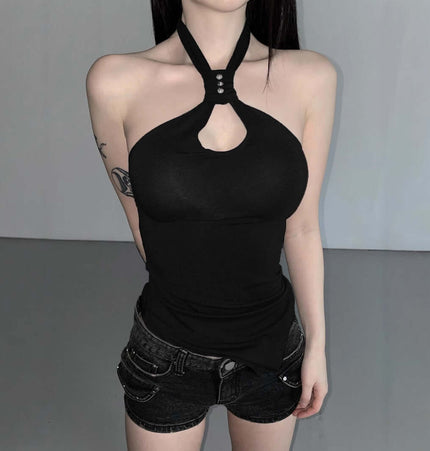 Irregular Strapless Slim Fit Tank Top on model with halter neck design and black shorts, showcasing modern street style.