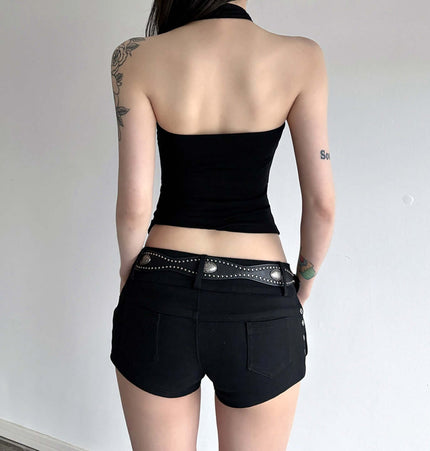 Irregular Strapless Slim Fit Tank Top worn with black shorts, showcasing a sleek and modern style.