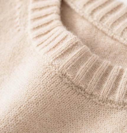 Close-up of Round Neck Casual Knit Sweater showcasing the soft fabric and ribbed neckline detail.