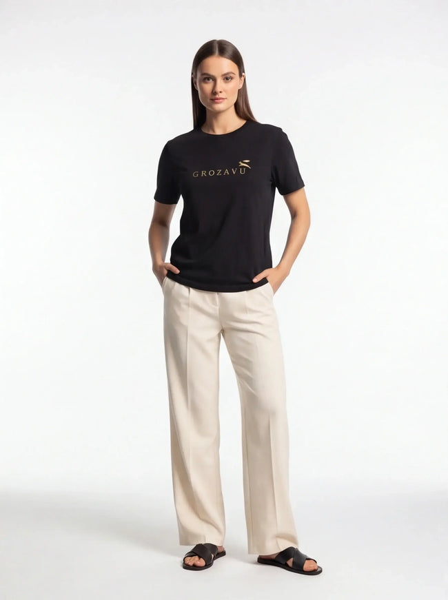 Model wearing Black relaxed t-shirt by Grozavu