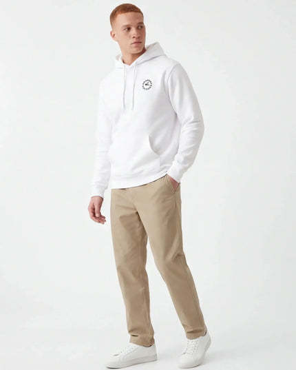 Front view of the Maison Grozavu Archival Ecru Hoodie in hoodie — showing the relaxed fit.