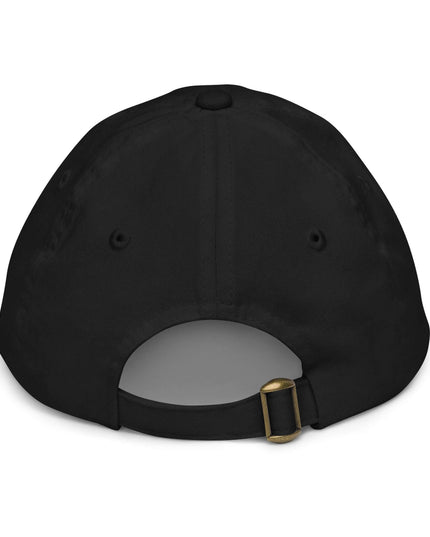 Black kids cotton cap, back view with adjustable strap