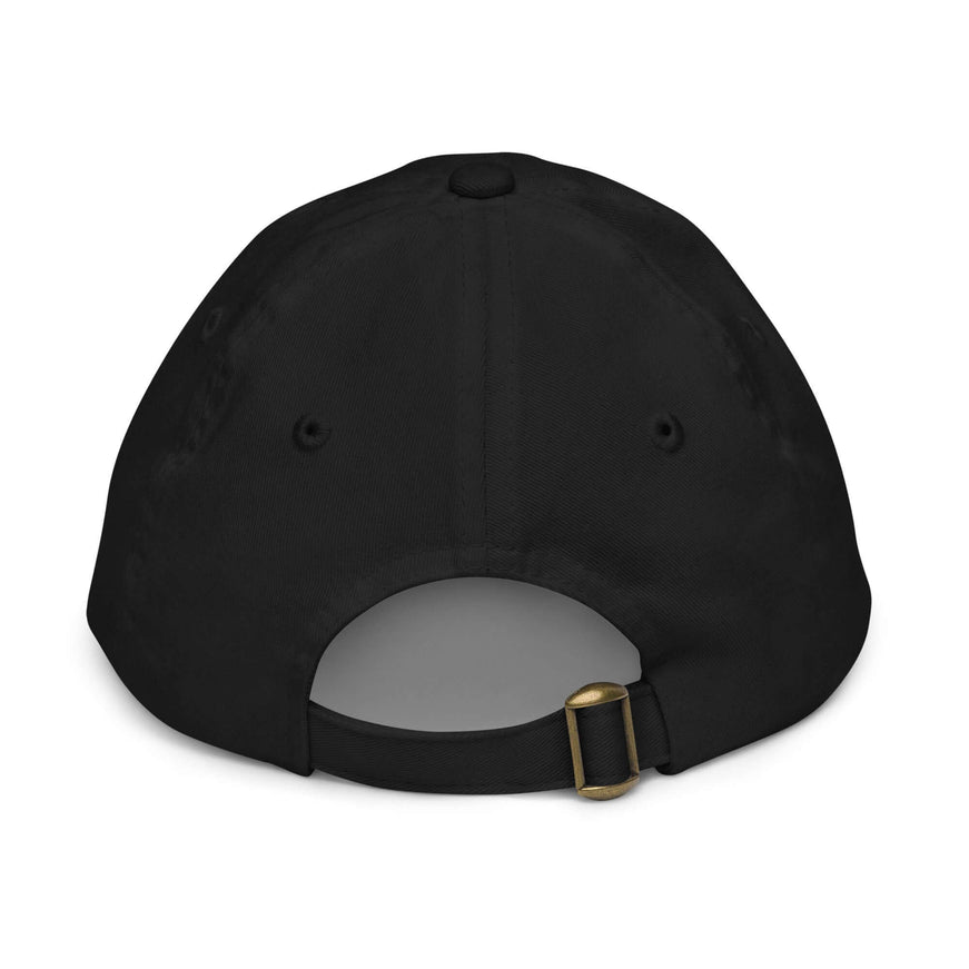 Black kids cotton cap, back view with adjustable strap