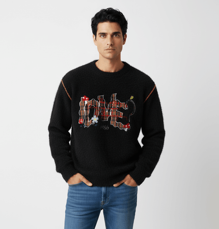Knit Sweater with Letter Applique styled on model, featuring hand-stitched design and relaxed fit for autumn layering.