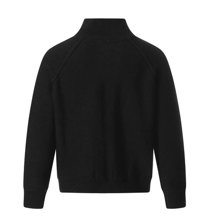 Back view of Knit Zipper Sweater Jacket – High Neck in black, showcasing its soft fabric and stylish design.