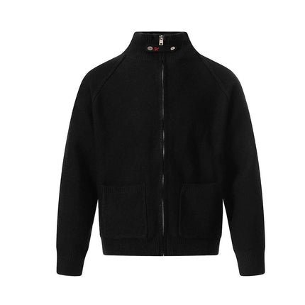 Knit Zipper Sweater Jacket – High Neck in black with a jacquard knit pattern and open-front zipper.