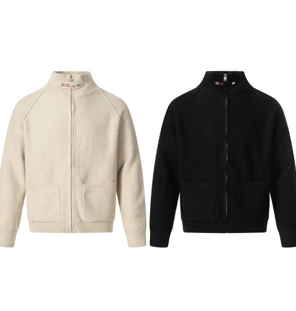 Knit Zipper Sweater Jacket – High Neck in beige and black color variations showcasing jacquard knit pattern.