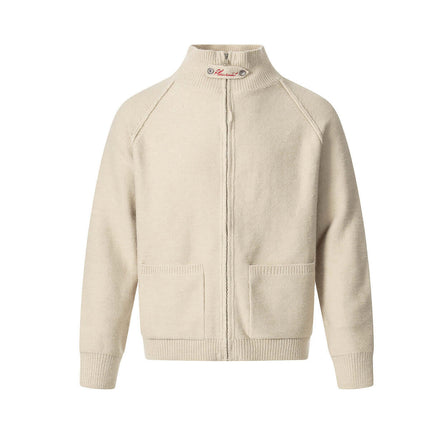 Knit Zipper Sweater Jacket – High Neck in cream with pockets and open-front design, perfect for autumn and winter layering.