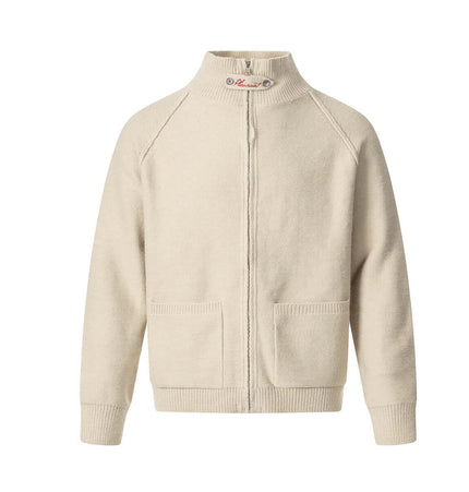 Knit Zipper Sweater Jacket – High Neck in cream with pockets and open-front design, perfect for autumn and winter layering.