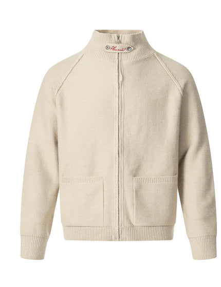 Knit Zipper Sweater Jacket – High Neck in cream with pockets and open-front design, perfect for autumn and winter layering.