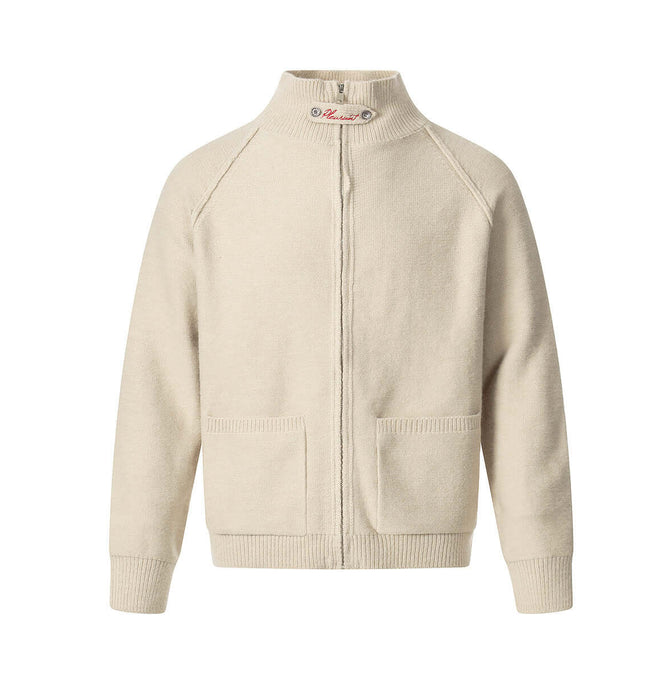 Knit Zipper Sweater Jacket – High Neck in cream with pockets and open-front design, perfect for autumn and winter layering.