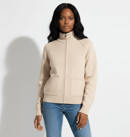 Knit Zipper Sweater Jacket – High Neck in beige, featuring a jacquard knit pattern and open-front zipper.