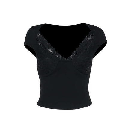 Lace Patchwork Strapless Vest – Slim Fit in black with elegant lace design and flattering neckline for women's fashion.