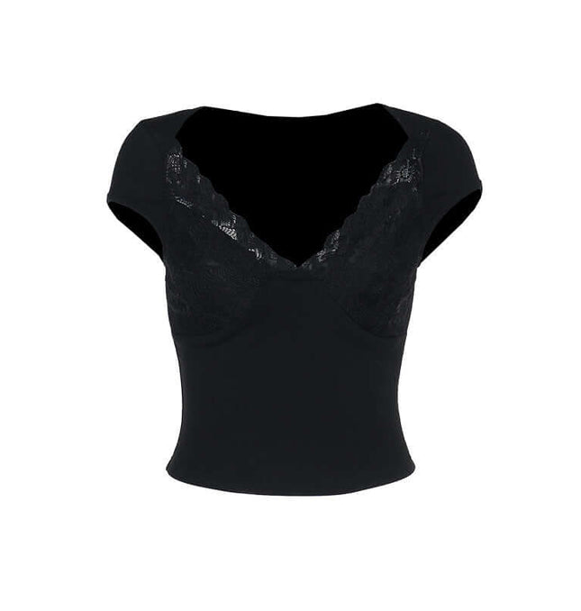 Lace Patchwork Strapless Vest – Slim Fit in black with elegant lace design and flattering neckline for women's fashion.
