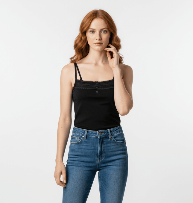 Lace Strap Button Tank Top - Slim Fit on a model, featuring lace straps and front button detail.