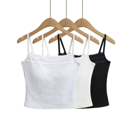 Lace Strap Button Tank Top - Slim Fit in gray, white, and black hanging on wooden hangers.