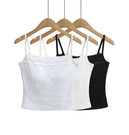 Lace Strap Button Tank Top - Slim Fit in gray, white, and black hanging on wooden hangers.