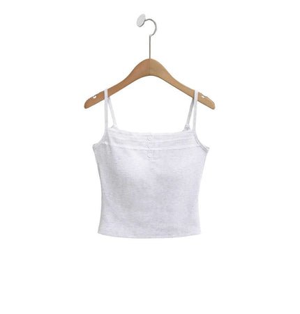 Lace Strap Button Tank Top - Slim Fit hanging on a wooden hanger, showcasing delicate lace straps and button detail.