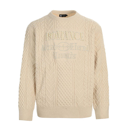 Letter Beaded Knit Sweater – Loose Fit in cream color with textured knit and beaded embellishments.