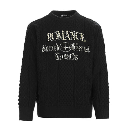 Letter Beaded Knit Sweater – Loose Fit with embellished text design and beaded details in black.