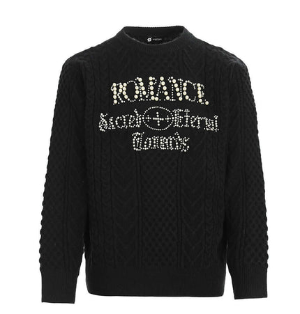 Letter Beaded Knit Sweater – Loose Fit with embellished text design and beaded details in black.
