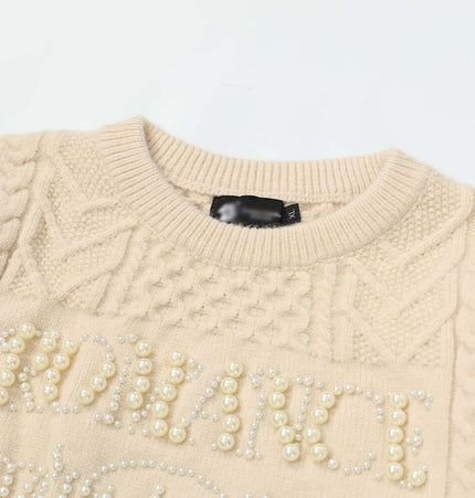 Letter Beaded Knit Sweater – Loose Fit close-up of round neckline and beaded detail.