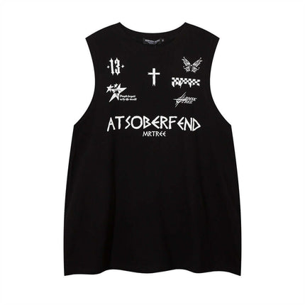 Letter Cross Print Tank Top - Loose Fit in black with trendy graphic designs for urban streetwear fashion.