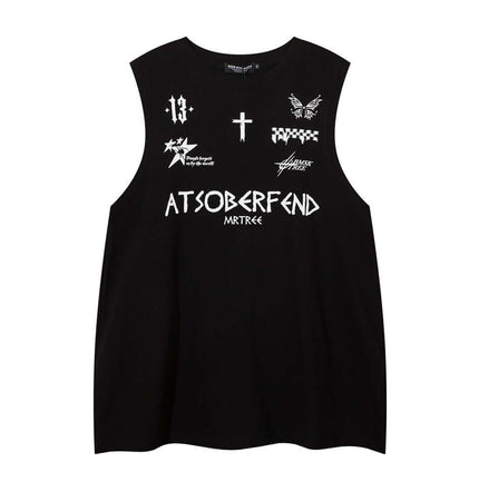 Letter Cross Print Tank Top - Loose Fit in black with trendy graphic designs for urban streetwear fashion.