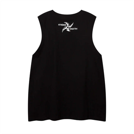 Letter Cross Print Tank Top - Loose Fit - Back view of a black sleeveless vest with letter print design.